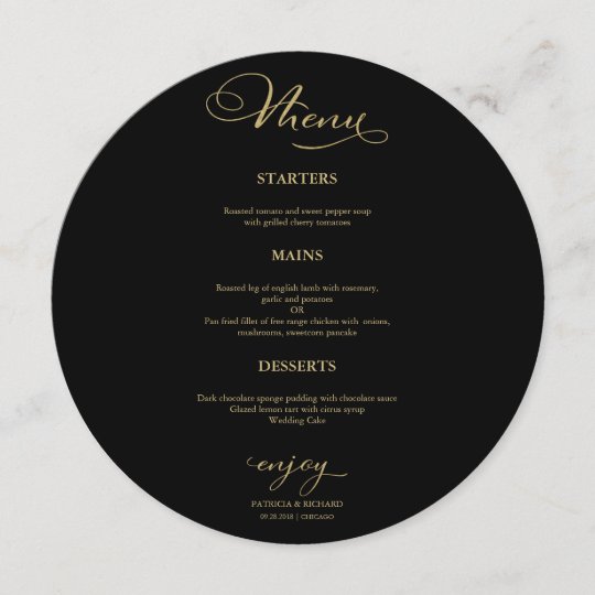 Wedding Round Menu Elegant Gold Foil Black | Zazzle.com