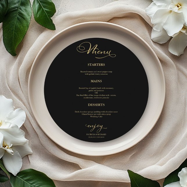 Wedding Round Menu Elegant Gold Foil Black (Creator Uploaded)