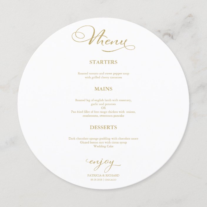 Wedding Round Menu Elegant Gold Script | Zazzle.com