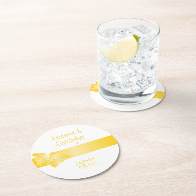 Wedding Round Paper Coaster Yellow Butterfly (Insitu)