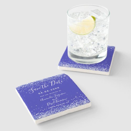Wedding royal blue glitter Save the Date Stone Coaster