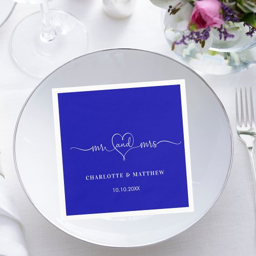 Wedding royal blue mr mrs heart script simple napkins