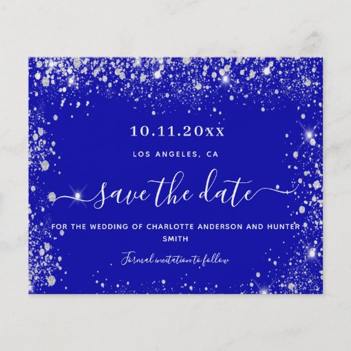 Wedding royal blue silver glitter budget save date flyer | Zazzle