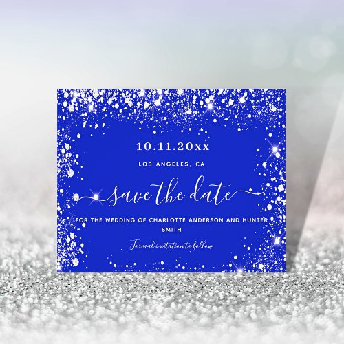 Wedding royal blue silver glitter budget save date flyer