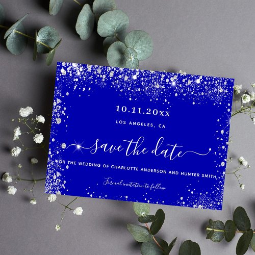 Wedding royal blue silver glitter save date save the date