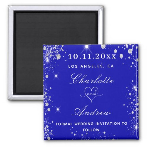 Wedding royal blue silver glitter save the date magnet