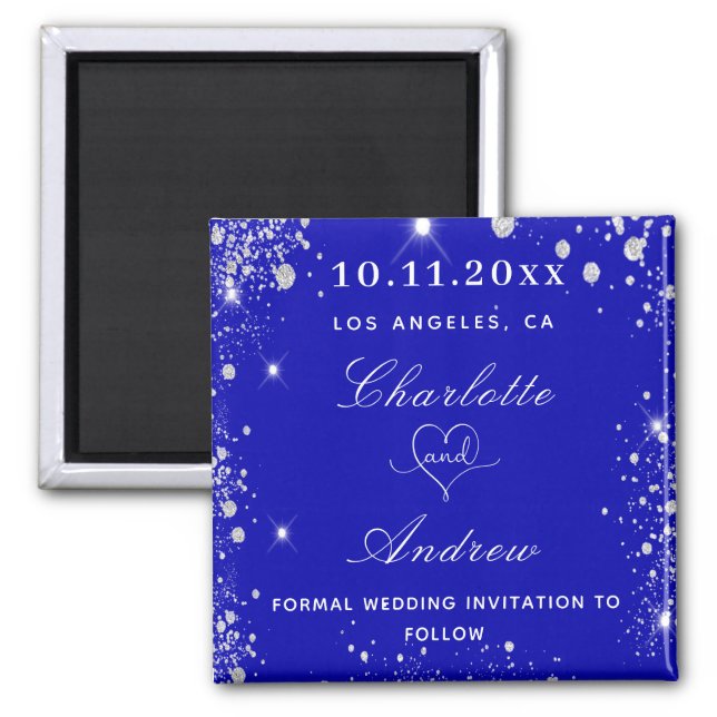 Wedding royal blue silver glitter save the date magnet (Front)