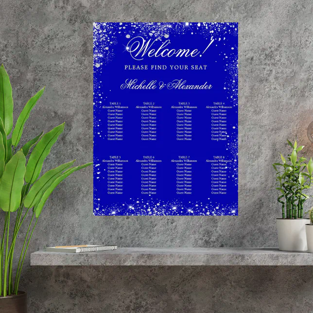 Wedding royal blue silver glitter seat chart | Zazzle