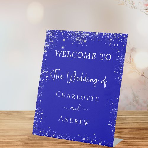 Wedding royal blue silver glitter welcome pedestal sign