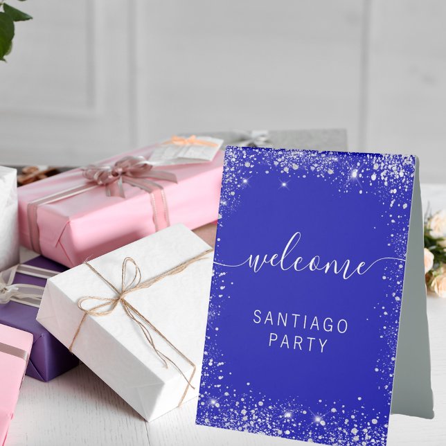 Wedding royal blue silver name script welcome table tent (Creator Uploaded)