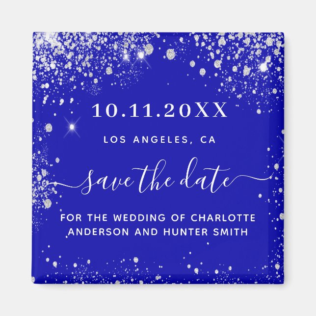 Wedding royal blue silver save the date magnet (Front)