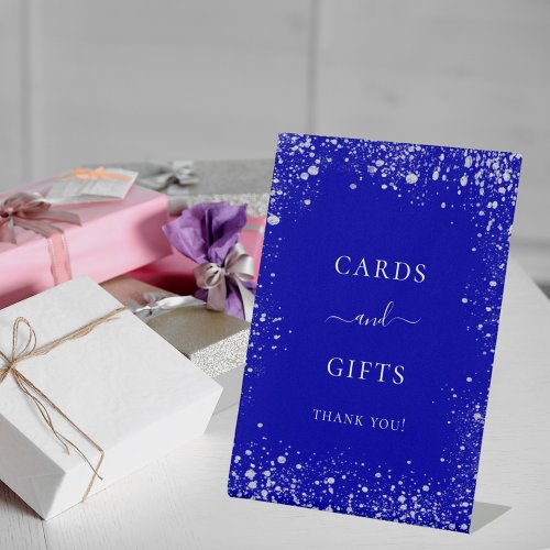 Wedding royal blue silver sparkles cards gifts pedestal sign