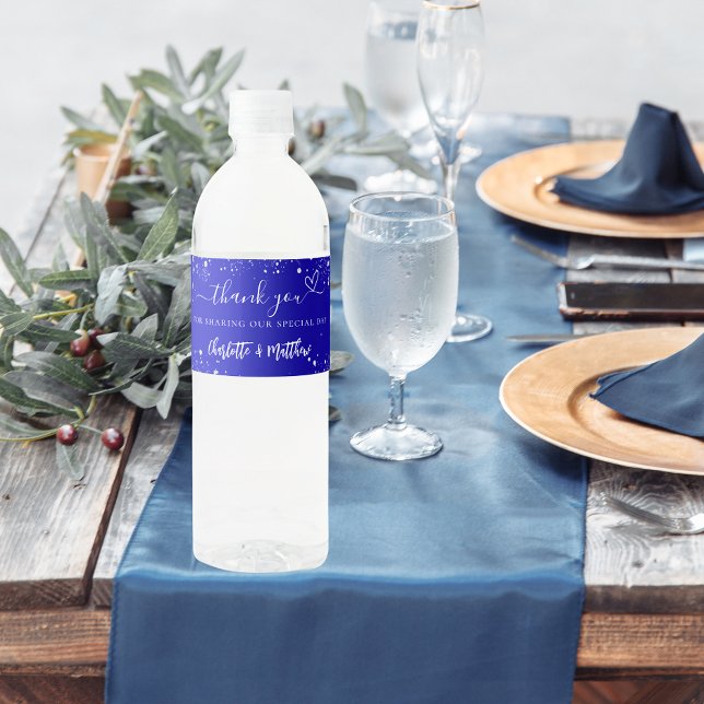 Wedding royal blue silver sparkles heart thank you water bottle label (Creator Uploaded)