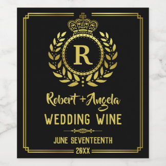 Wedding Royal Crown Laurel Wreath Gold Black Wine Label