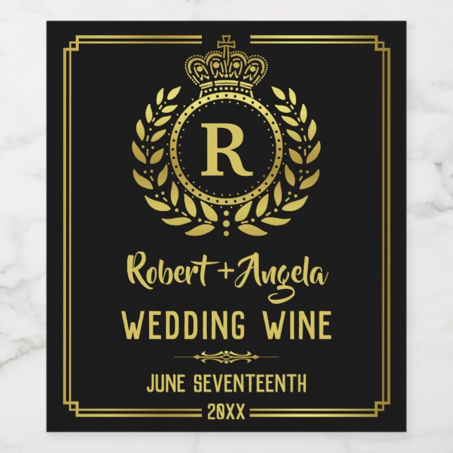 Wedding Royal Crown Laurel Wreath Gold Black Wine Label (Single Label)