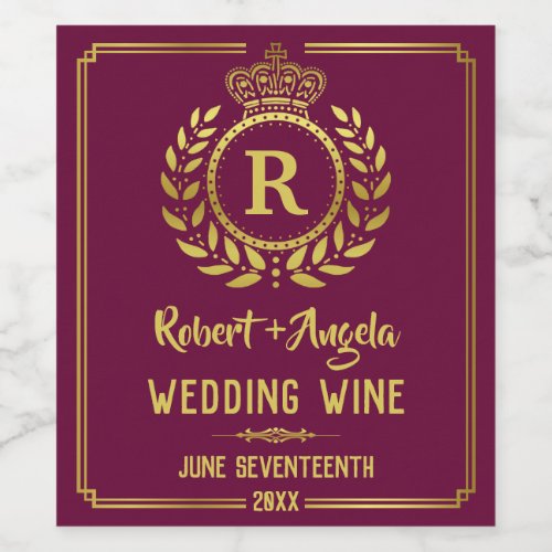 Wedding Royal Crown Laurel Wreath Gold Burgundy Wine Label