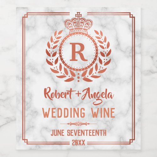 Wedding Royal Crown Laurel Wreath Marble Rose Gold Wine Label