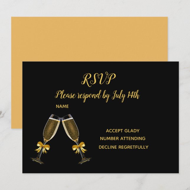 Wedding RSVP black and gold champagne glasses Invitation (Front/Back)