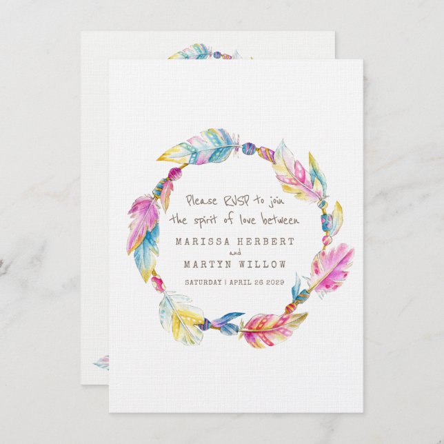 Wedding RSVP boho feather native tribal wreath Invitation (Front/Back)