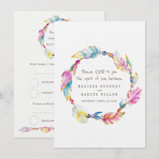 Wedding RSVP boho feather native tribal wreath Invitation