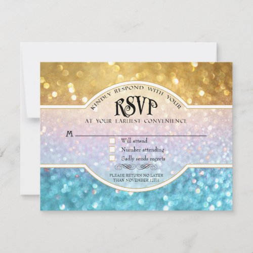 Wedding RSVP Bokeh Movie Ticket Style Gold Aqua