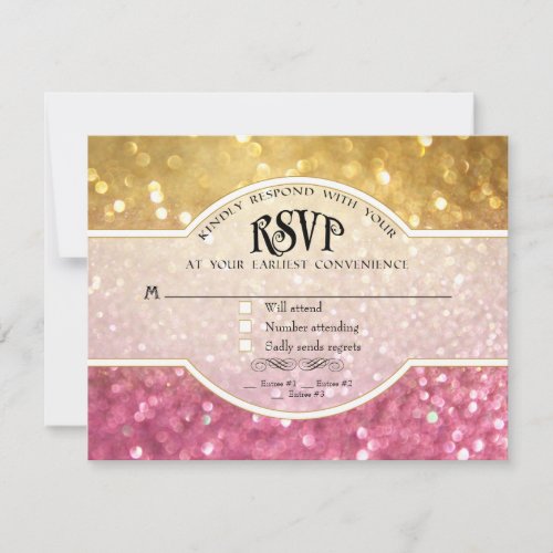 Wedding RSVP Bokeh Movie Ticket Style Gold Pink