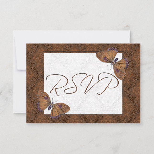 Wedding RSVP Butterfly Brocade brown Card (Front)