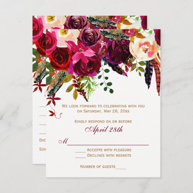 Wedding RSVP Card 2 (MEALS) - Floral, Feathers (Front/Back)