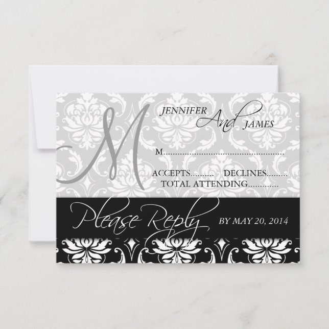 Wedding RSVP Card Black Damask Monogram Names (Front)