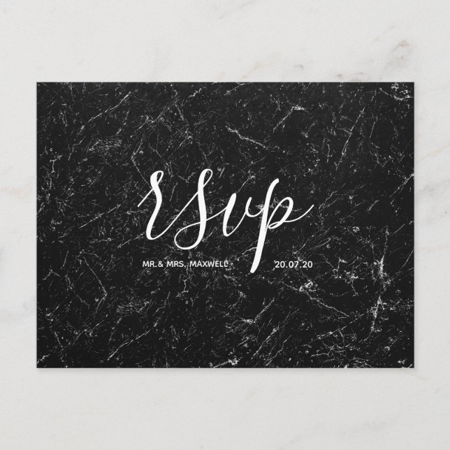 Wedding Rsvp card | Black Marble Script Postcard (Front)