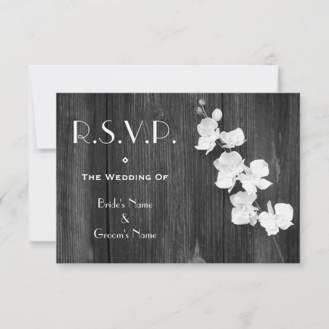 Wedding RSVP Card - Black & White Orchids Barnwood (Front)