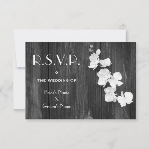 Wedding RSVP Card _ Black  White Orchids Barnwood