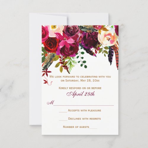 Wedding RSVP Card _ Burgundy Floral Feathers
