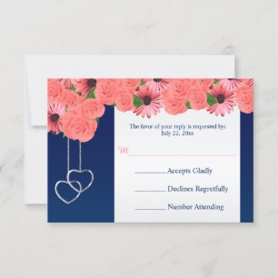 Wedding RSVP Card Coral Flowers and Navy Blue