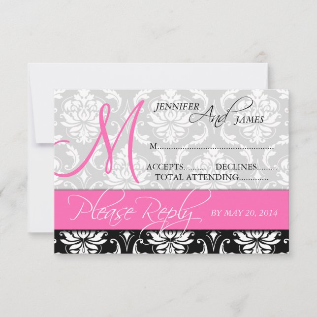 Wedding RSVP Card Damask Monogram Name Hot Pink (Front)