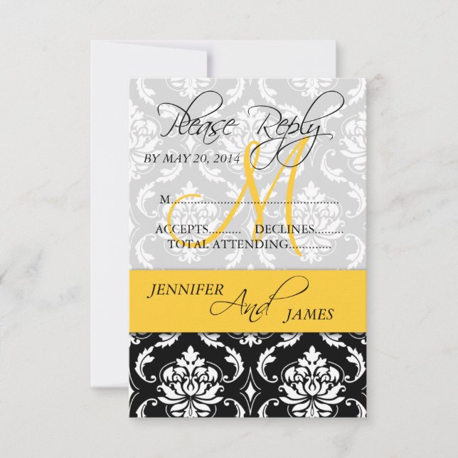 Wedding RSVP CARD Damask Monogram Name Yellow (Front)