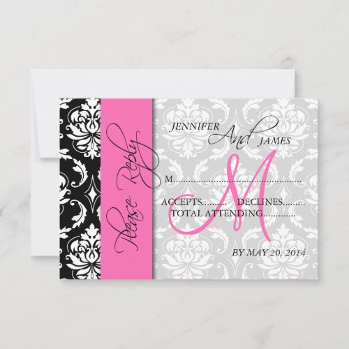 Wedding RSVP Card Damask Pink Monogram Personalized Announcements