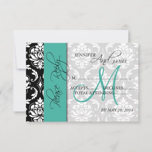 Wedding RSVP Card Damask Turquoise Names Initial