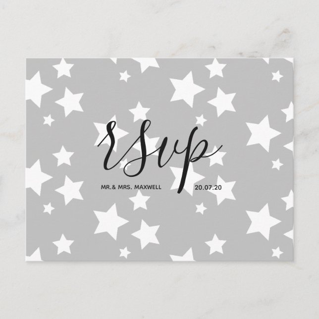 Wedding Rsvp card | Gray Stars Script Postcard (Front)