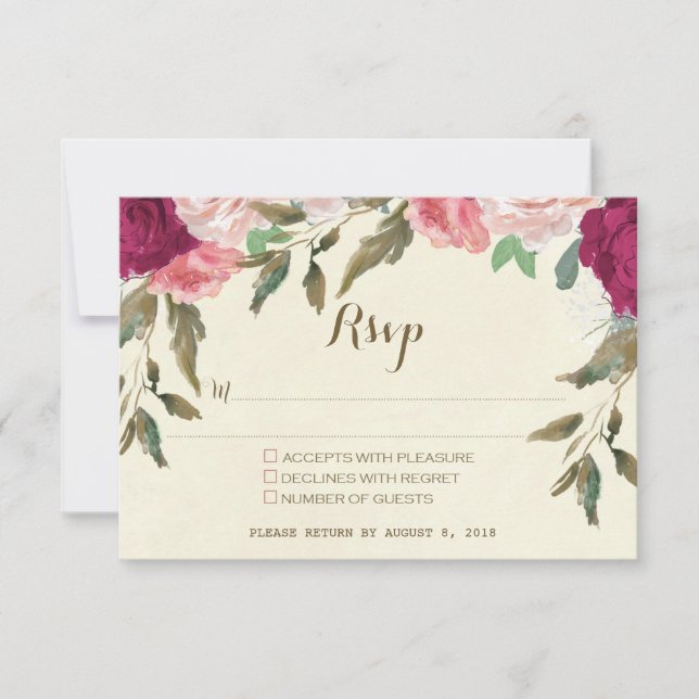 wedding rsvp card ivory burgundy floral (Front)
