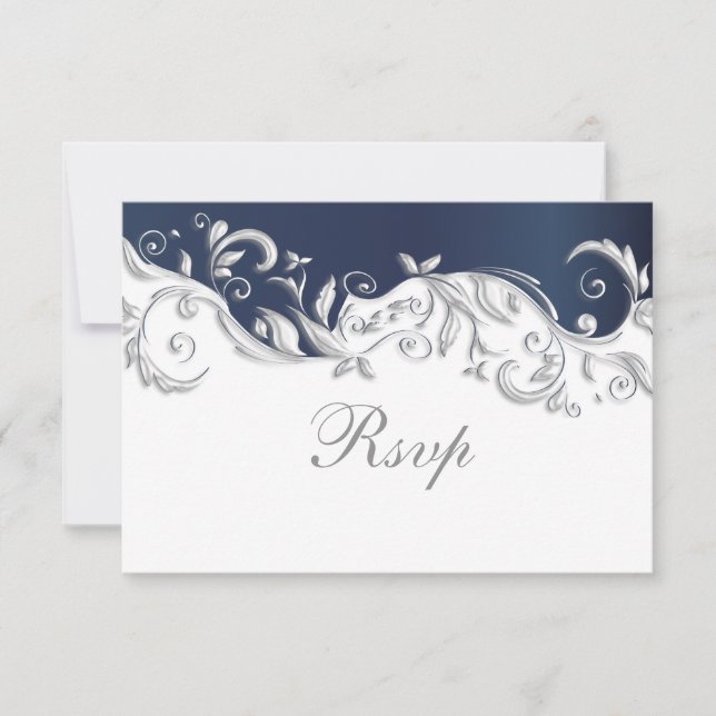 Wedding RSVP Card Navy Blue & White Floral Swirls (Front)