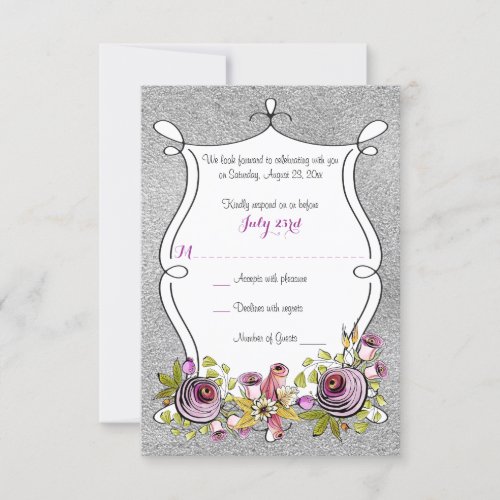 Wedding RSVP Card  Plum FAUX Silver Foil Floral