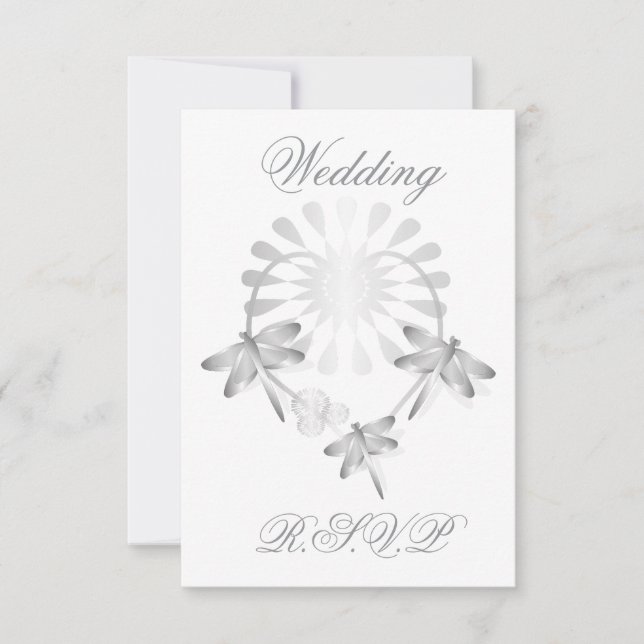Wedding RSVP Card Silver Dragonflies Heart (Front)