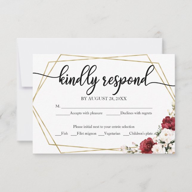 Wedding RSVP Card White Burgundy Floral  (Front)