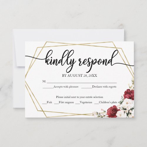 Wedding RSVP Card White Burgundy Floral 