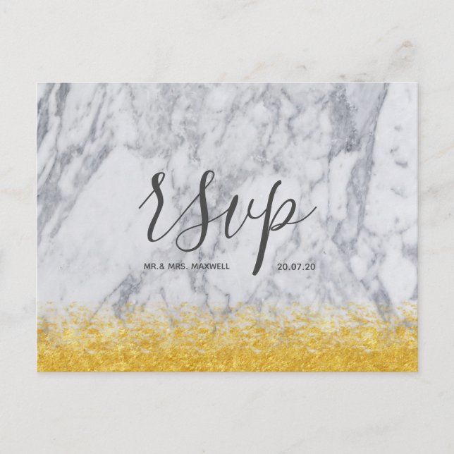 Wedding Rsvp card White Gold Glitter Marble Script (Front)