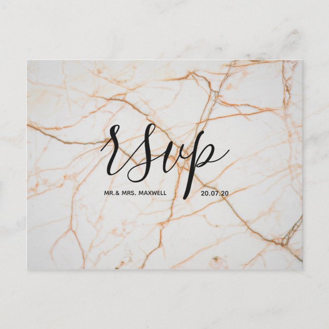 Wedding Rsvp card | White Gold Marble Script (Front)