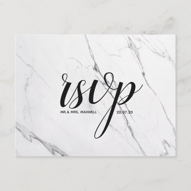 Wedding Rsvp card | White Marble Script Postcard (Front)