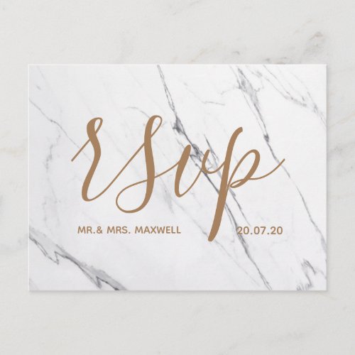 Wedding Rsvp card  White Marble Script Rose Gold