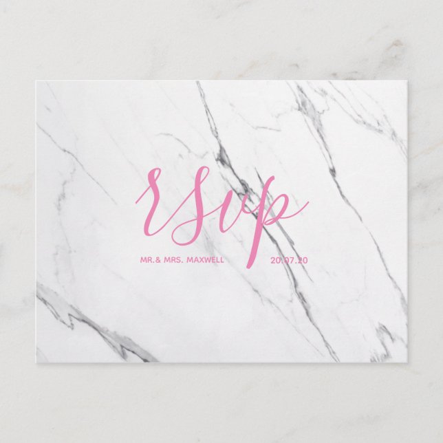 Wedding Rsvp card | White Pink Marble Script (Front)